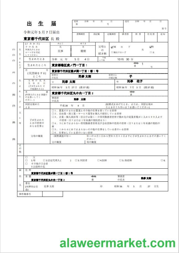 Japan birth certificate () Word and PDF template, fully editable